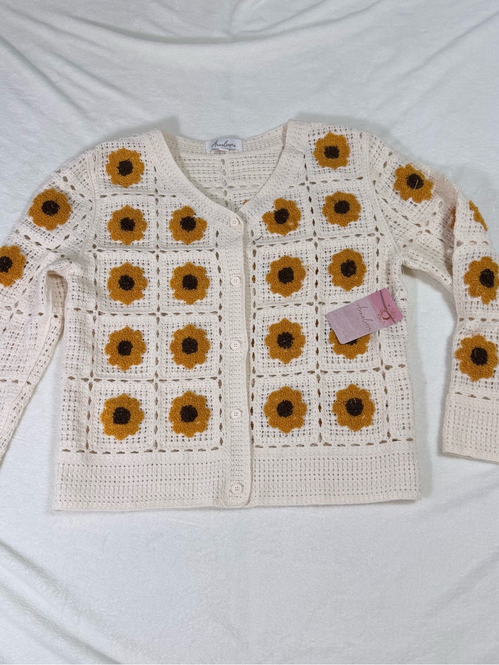 Crochet Sunflower Cardigan Sweater - Cream & Mustard